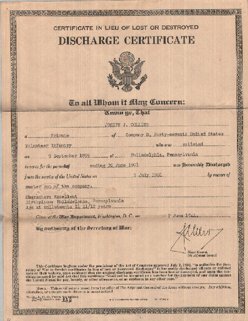 Military Discharge Certificate for Joe Collins