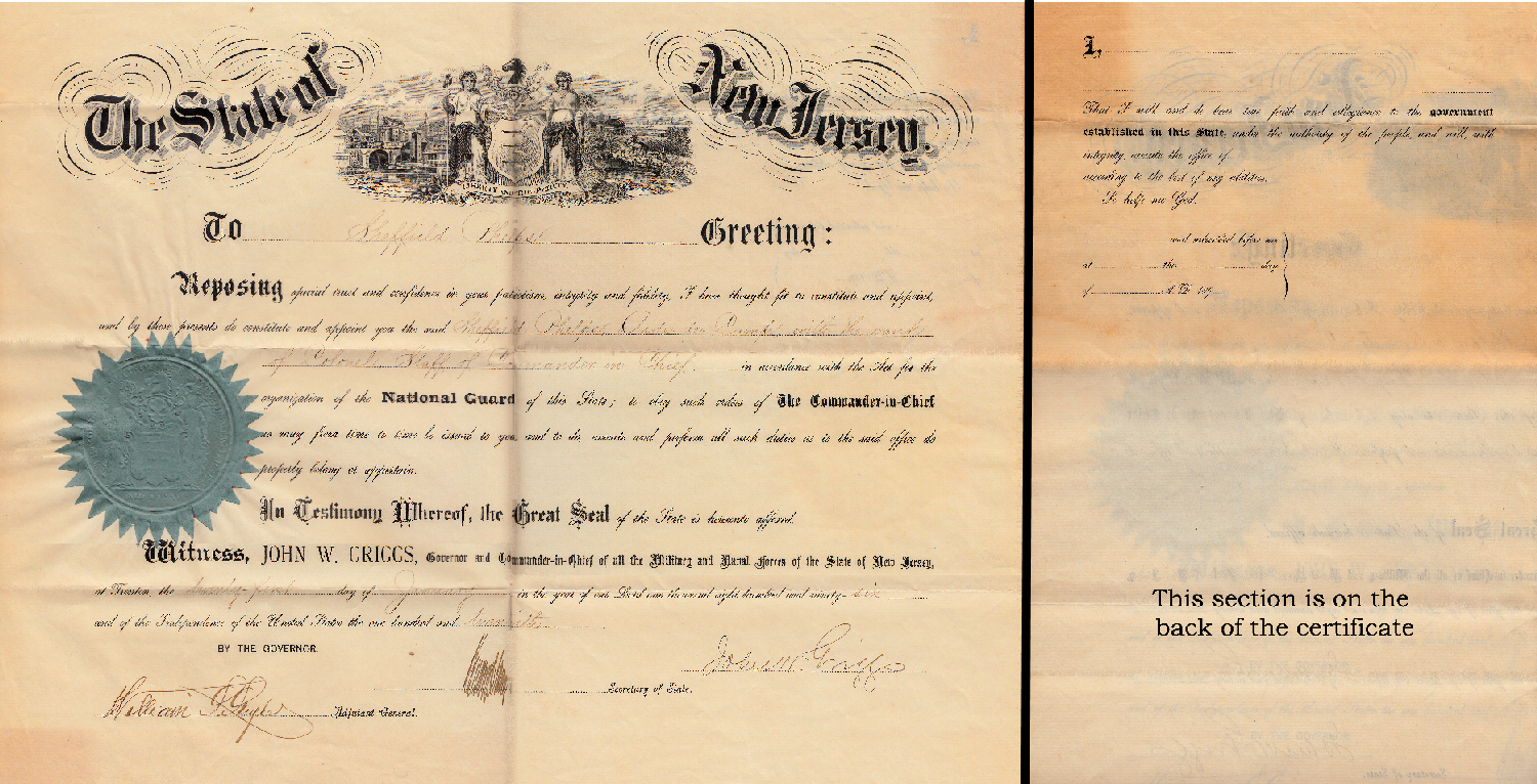 New Jersey National Guard Certificate for Sheffield Phelps, 1896